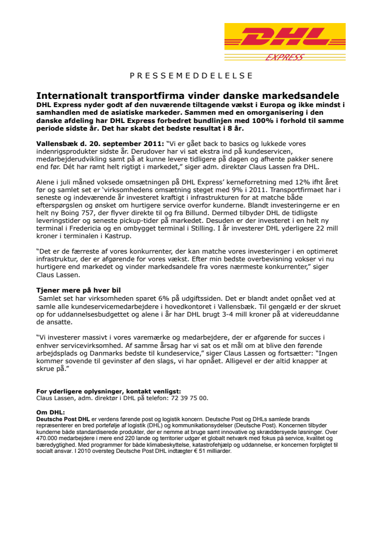 Internationalt transportfirma vinder danske markedsandele