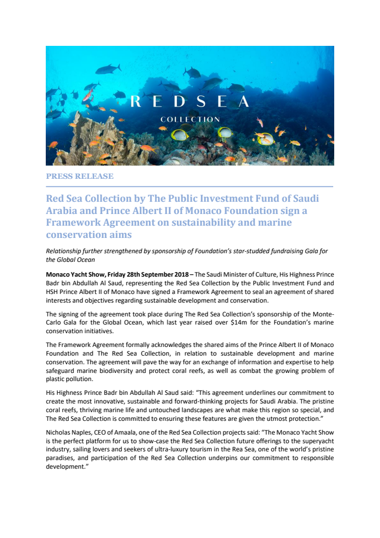 Red Sea Collection by The Public Investment Fund of Saudi Arabia and Prince Albert II of Monaco Foundation sign a Framework Agreement on sustainability and marine conservation aims