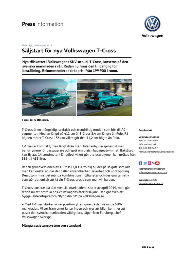 Säljstart för nya Volkswagen T-Cross