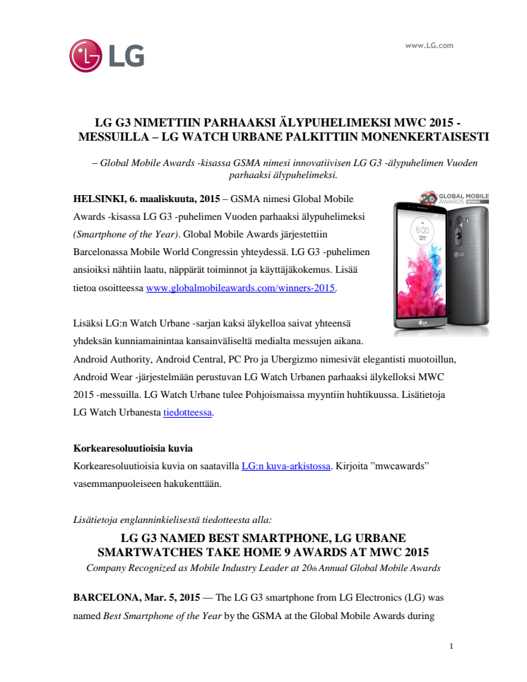 LG G3 NIMETTIIN PARHAAKSI ÄLYPUHELIMEKSI MWC 2015 -MESSUILLA – LG WATCH URBANE PALKITTIIN MONENKERTAISESTI