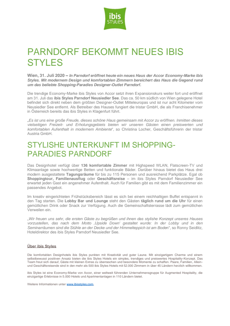 Presseinformation Eröffnung ibis Styles Parndorf