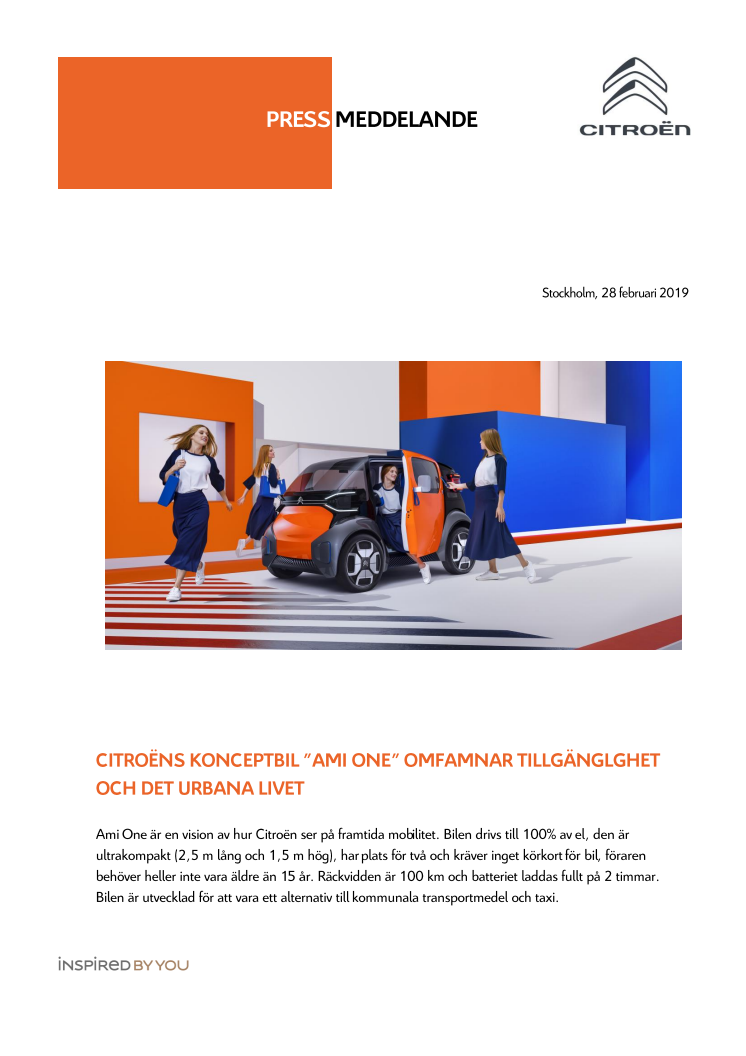 CITROËNS KONCEPTBIL ”AMI ONE” OMFAMNAR TILLGÄNGLGHET OCH DET URBANA LIVET