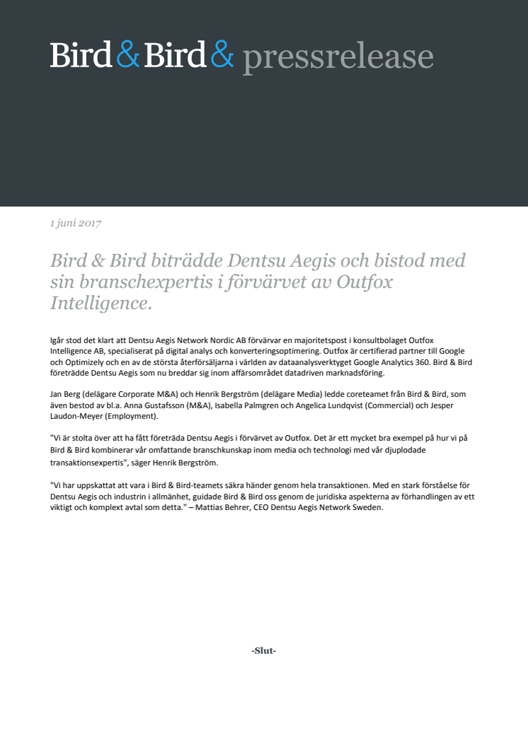 Bird & Bird biträdde Dentsu Aegis och bistod med sin branschexpertis i förvärvet av Outfox Intelligence