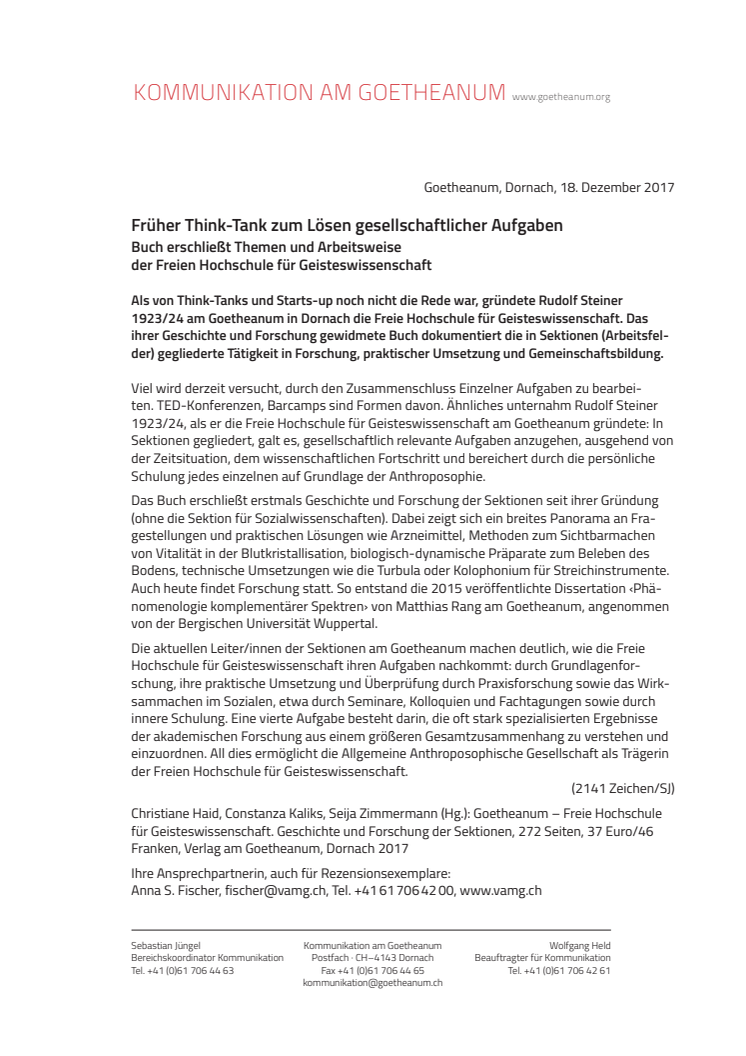 Früher Think-Tank zum Lösen gesellschaftlicher Aufgaben. Buch erschließt Themen und Arbeitsweise  der Freien Hochschule für Geisteswissenschaft