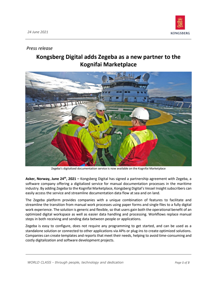 Kongsberg Digital adds Zegeba as a new partner to the Kognifai Marketplace