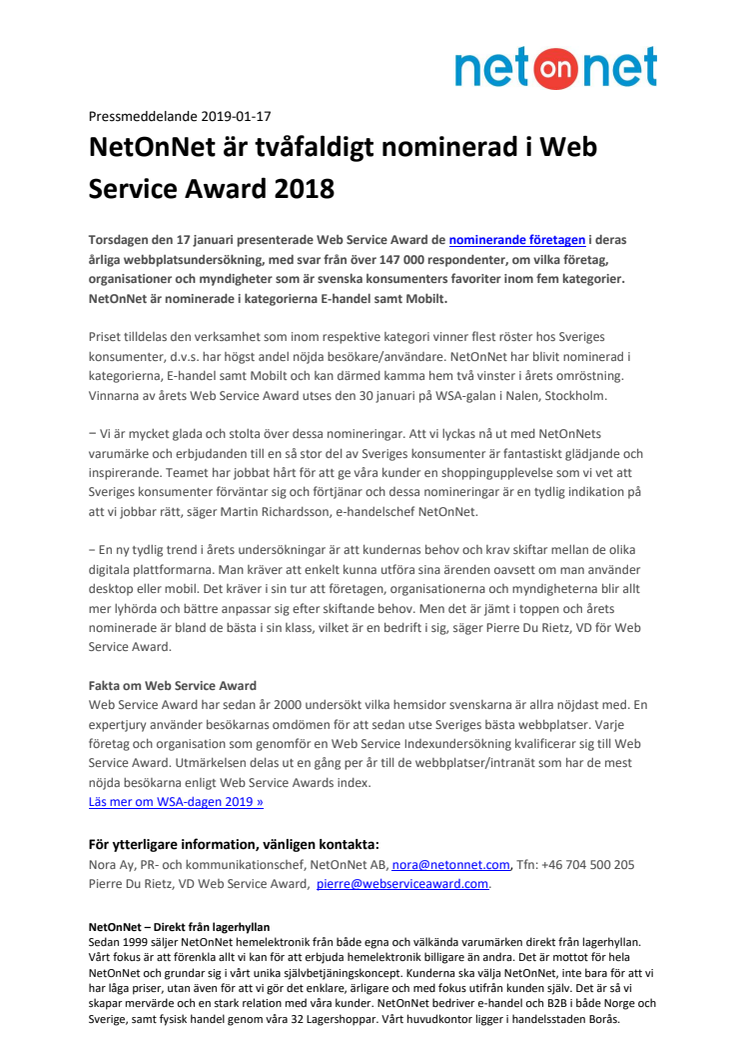 NetOnNet är tvåfaldigt nominerad i Web Service Award 2018