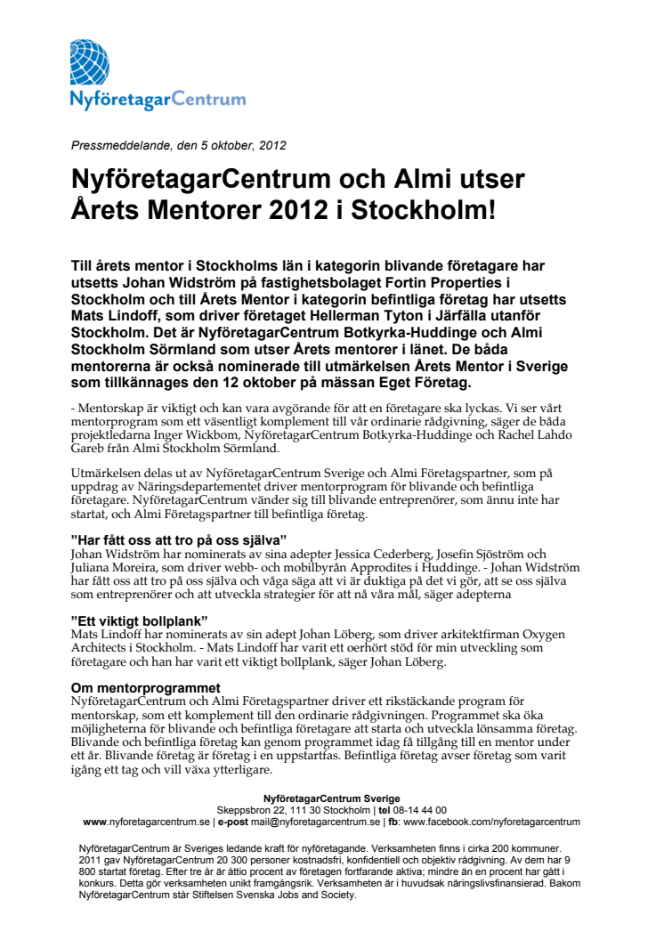 NyföretagarCentrum och Almi utser Årets Mentorer 2012 i Stockholm!