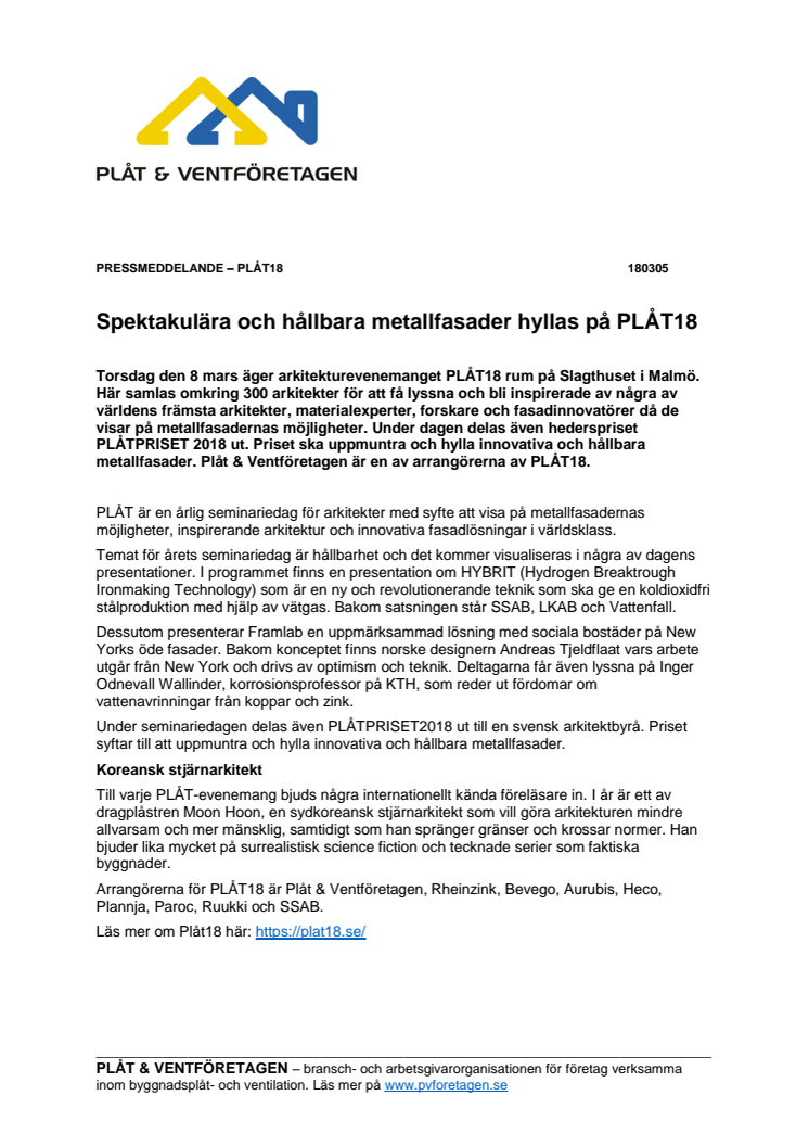 Spektakulära och hållbara metallfasader hyllas på PLÅT18