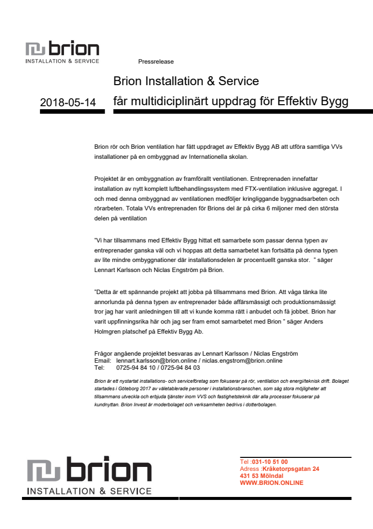 Brion Installation & Service får multidiciplinärt uppdrag för Effektiv Bygg
