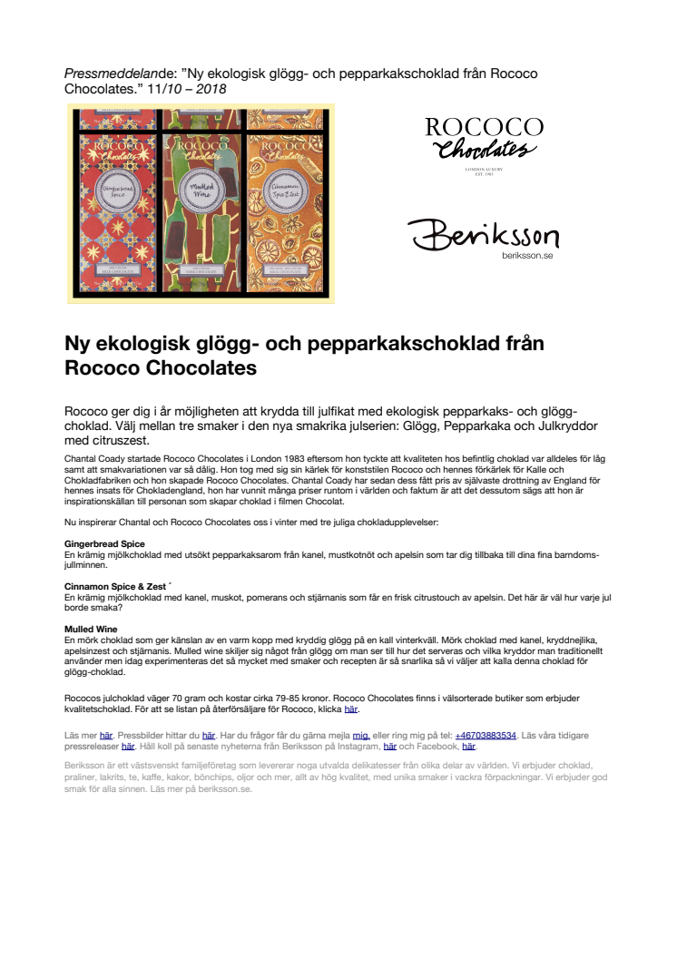 Ny ekologisk glögg- och pepparkakschoklad från Rococo Chocolates
