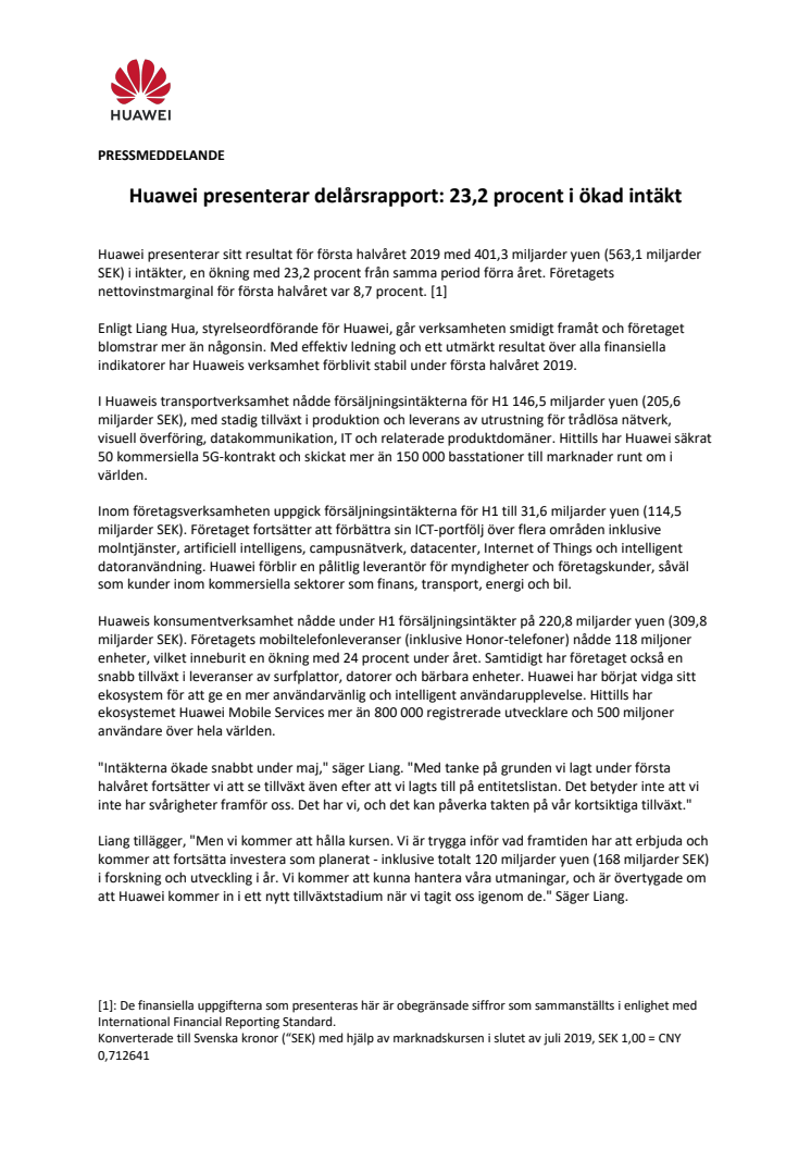Huawei presenterar delårsrapport: 23,2 procent i ökad intäkt