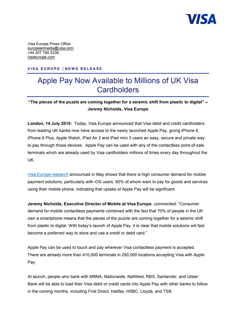 Apple Pay nyt miljoonien brittiläisten Visa-kortinhaltijoiden saatavilla – Suomessa kymmeniä tuhansia käyttöpaikkoja