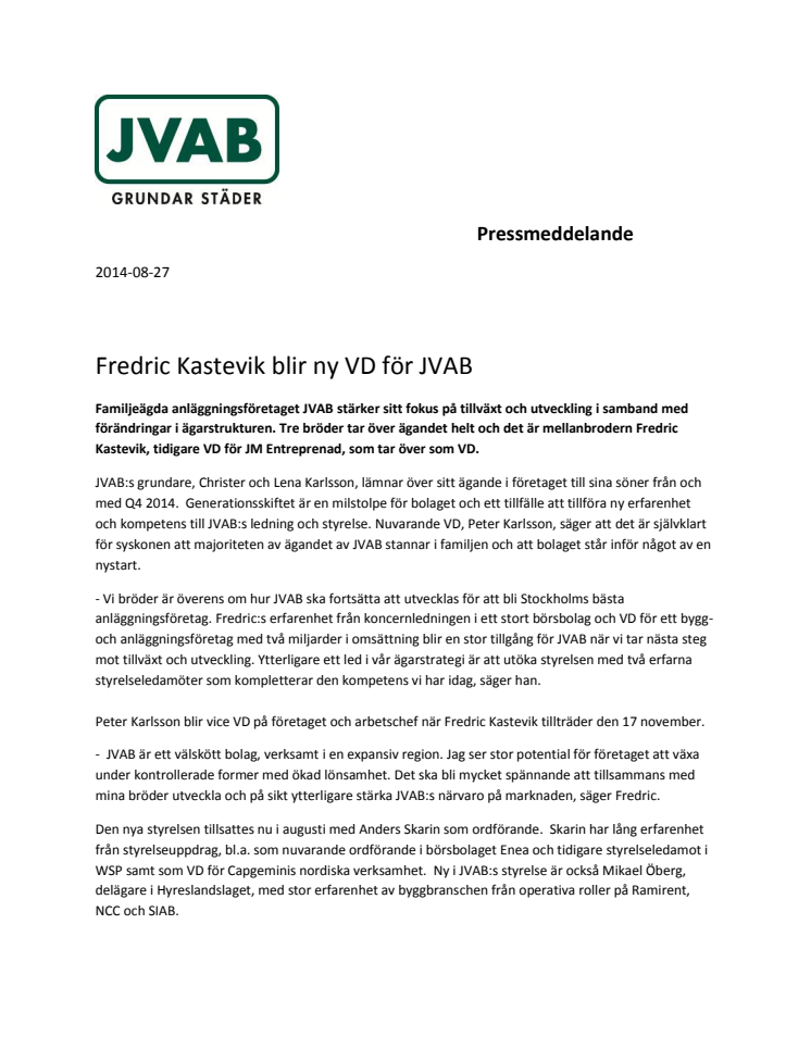 Fredric Kastevik blir ny VD för JVAB