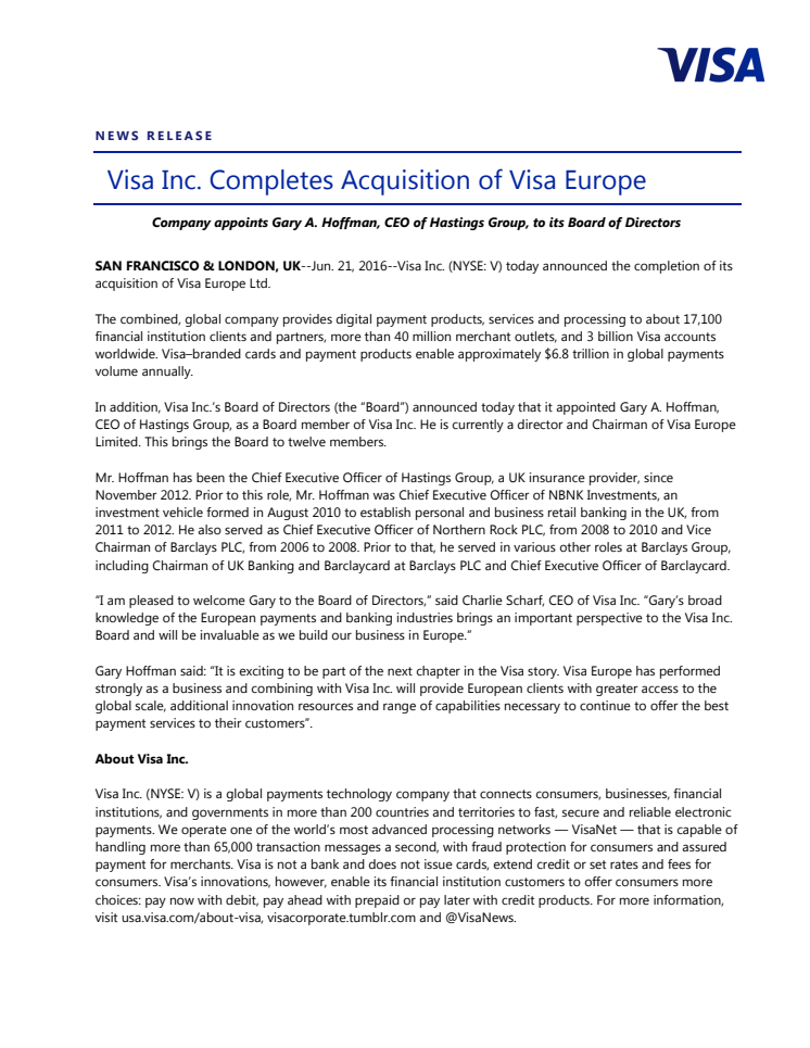 Visa Inc. Completes Acquisition of Visa Europe