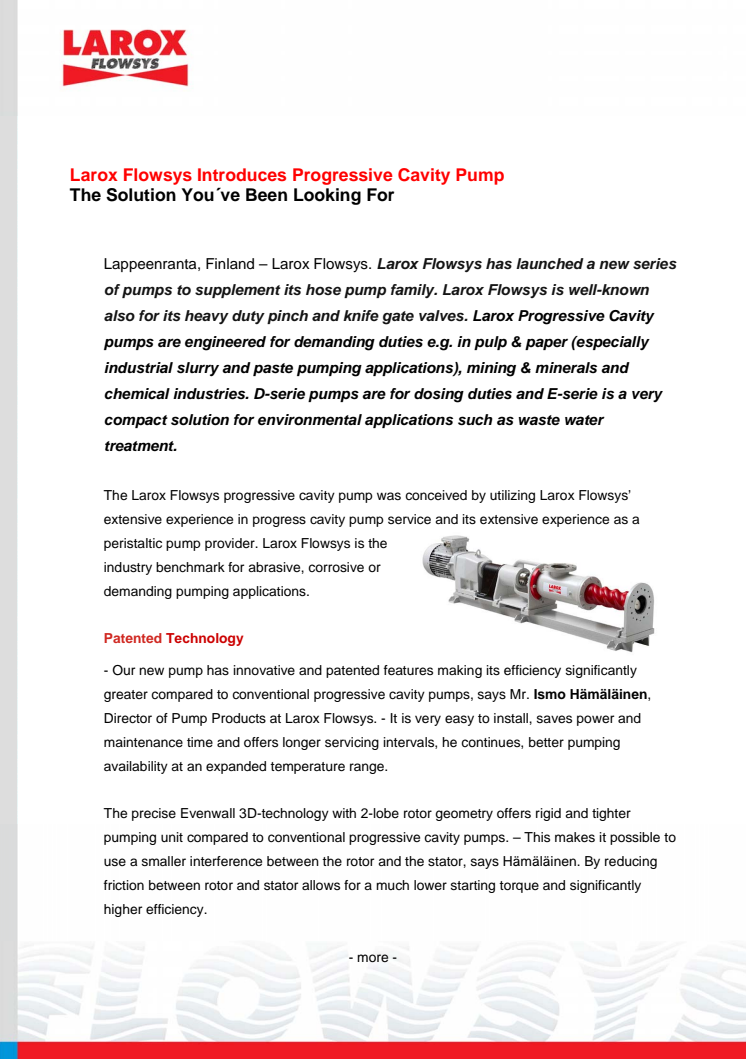 Larox Flowsys Introduces Progressive Cavity Pump