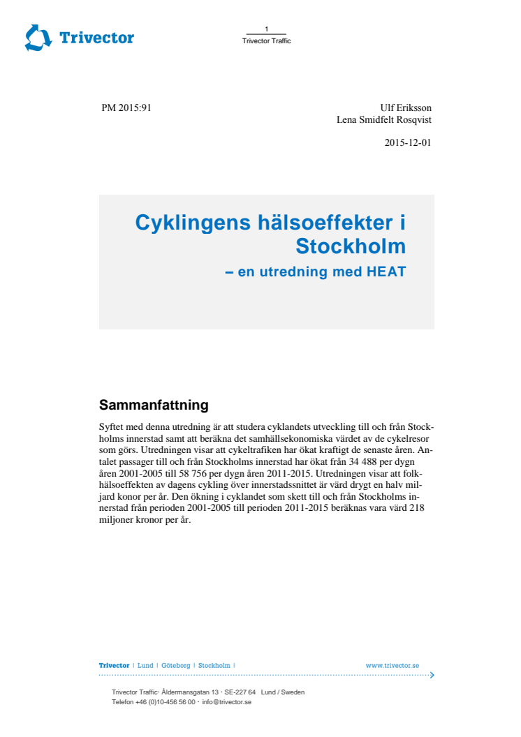 Cyklingens hälsoeffekter i Stockholm – en utredning med HEAT