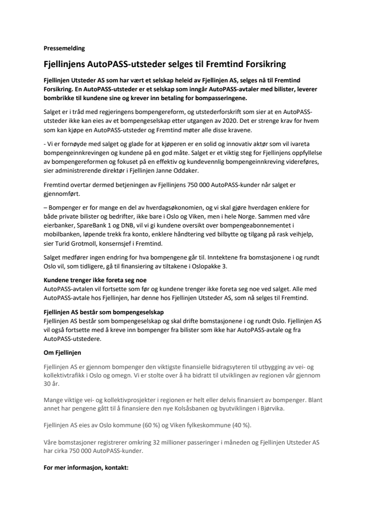 Fjellinjens AutoPASS-utsteder selges til Fremtind Forsikring
