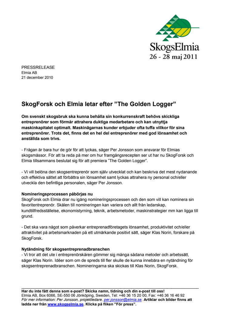 SkogForsk och Elmia letar efter ”The Golden Logger”