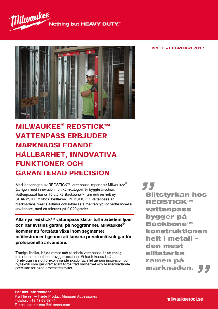 MILWAUKEE® REDSTICK™ VATTENPASS ERBJUDER MARKNADSLEDANDE HÅLLBARHET, INNOVATIVA FUNKTIONER OCH GARANTERAD PRECISION