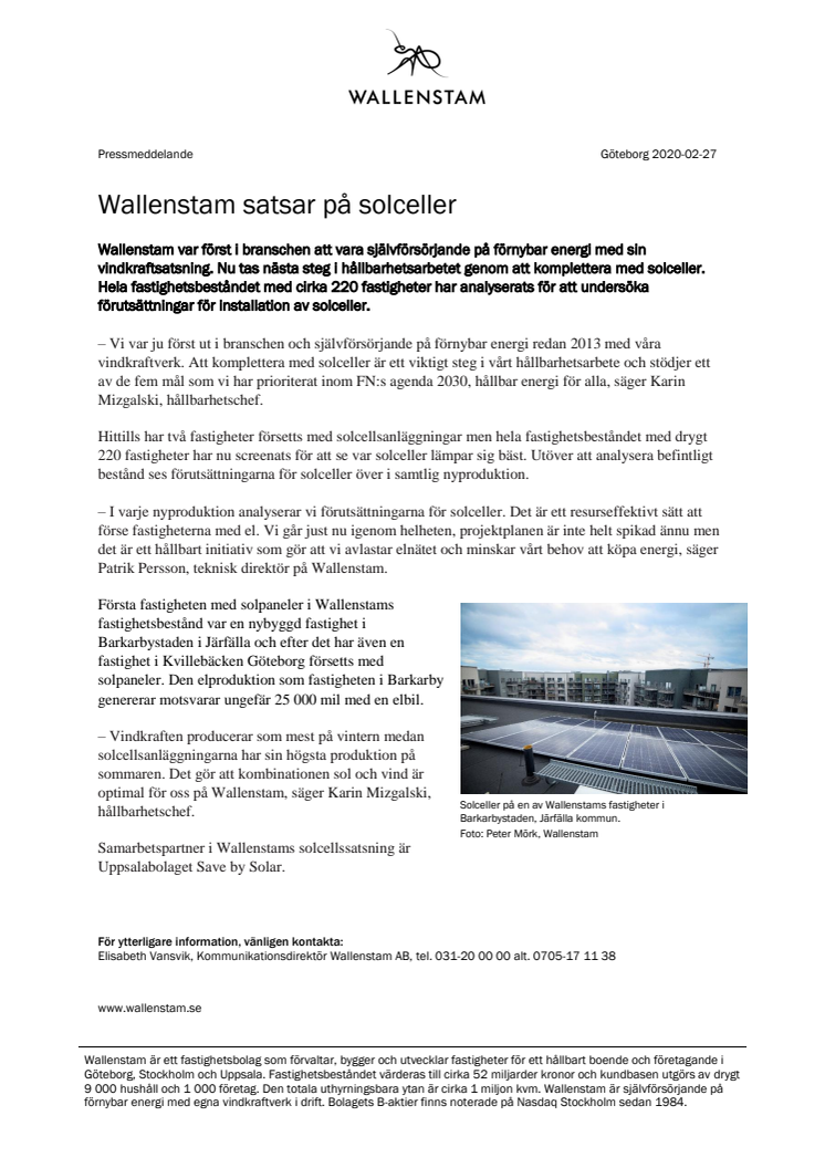 Wallenstam satsar på solceller