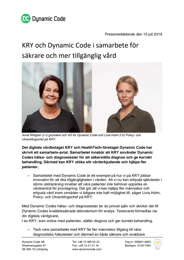 KRY och Dynamic Code i samarbete för säkrare och mer tillgänglig vård