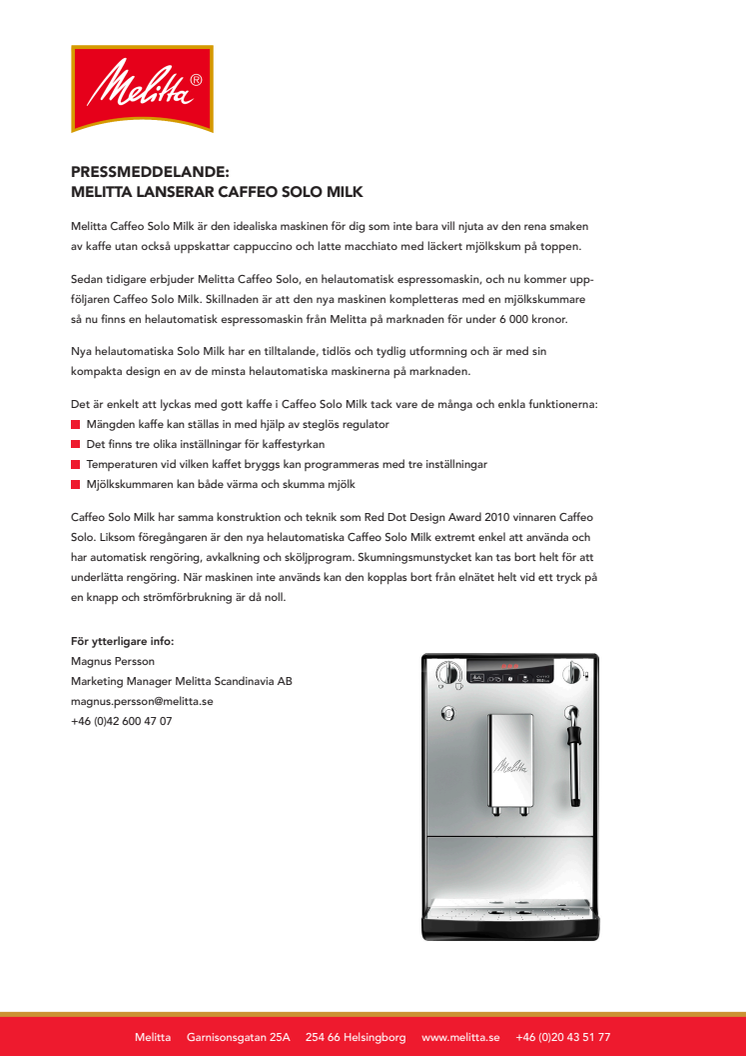 PRESSMEDDELANDE: MELITTA LANSERAR CAFFEO SOLO MILK