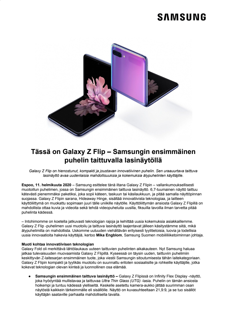 Tässä on Galaxy Z Flip – Samsungin ensimmäinen puhelin taittuvalla lasinäytöllä