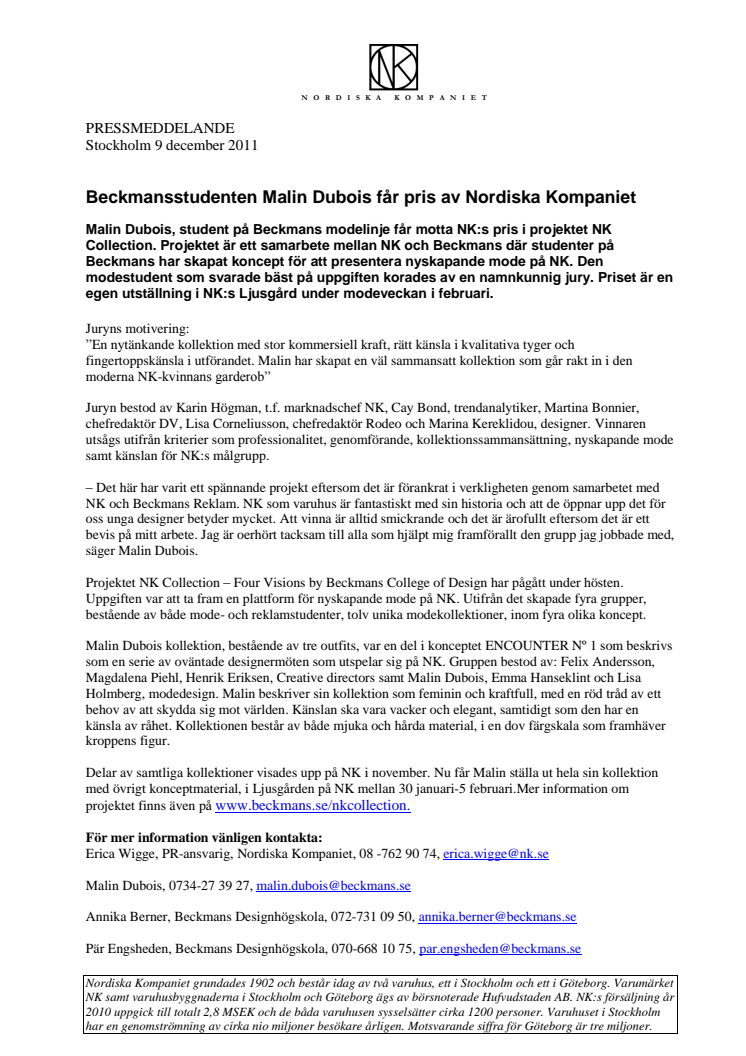 Beckmansstudenten Malin Dubois får pris av Nordiska Kompaniet 
