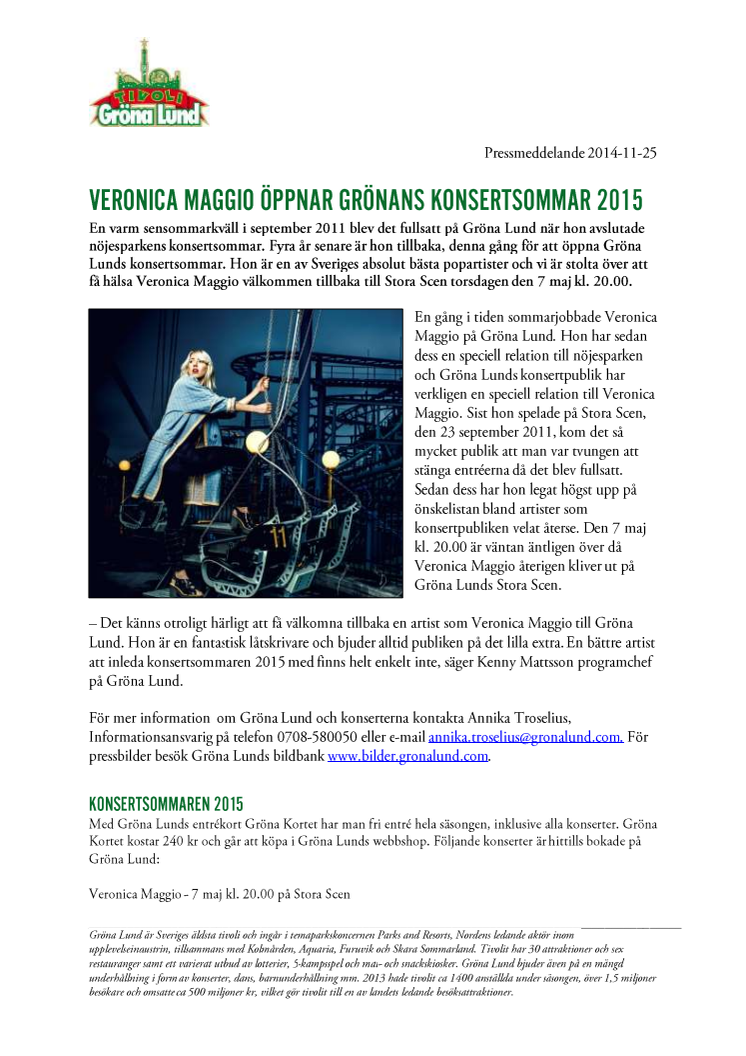 Veronica Maggio öppnar Grönans konsertsommar 2015