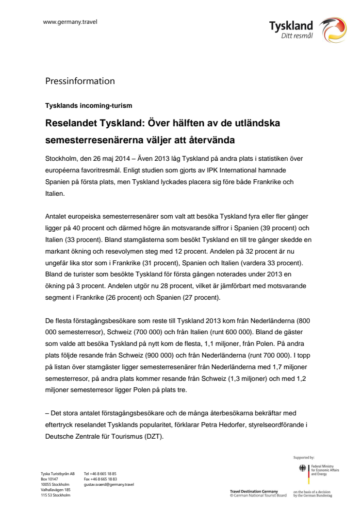Reselandet Tyskland: Över hälften av de utländska semesterresenärerna väljer att återvända