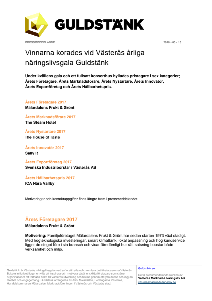 Vinnarna korades vid Västerås årliga näringslivsgala Guldstänk