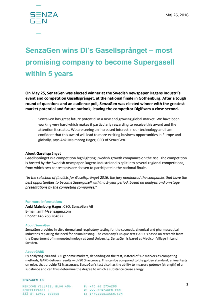 SenzaGen wins DI’s Gasellsprånget – most promising company to become Supergasell within 5 years