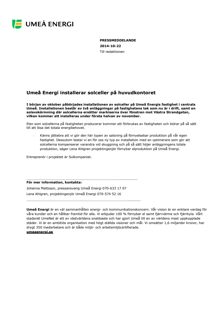 Umeå Energi installerar solceller på huvudkontoret