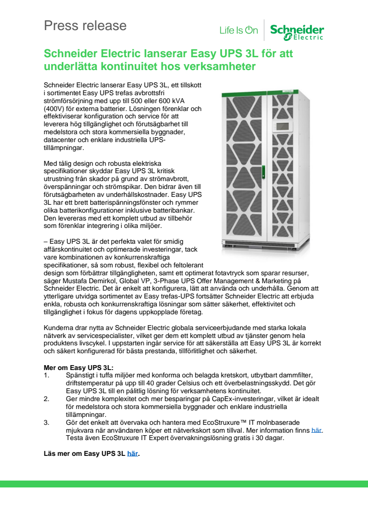 Schneider Electric lanserar Easy UPS 3L för att underlätta kontinuitet hos verksamheter