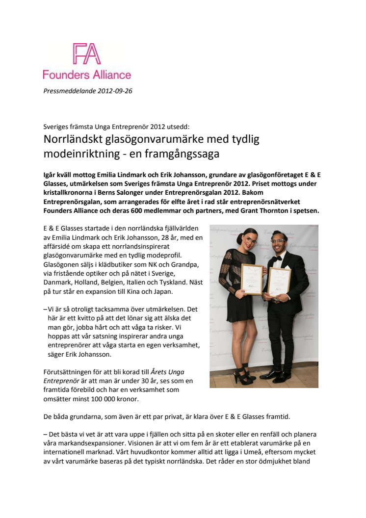Sveriges främsta Unga Entreprenör 2012 utsedd: Norrländskt glasögonvarumärke med tydlig modeinriktning - en framgångssaga