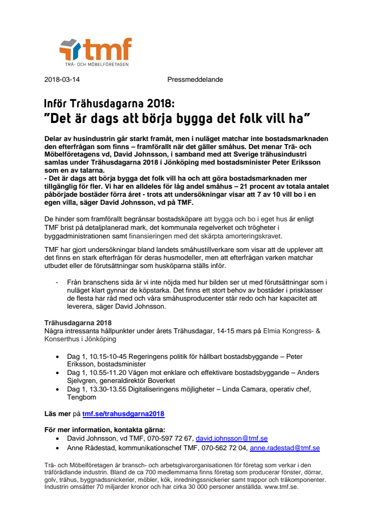 Inför Trähusdagarna 2018: ”Det är dags att börja bygga det folk vill ha”