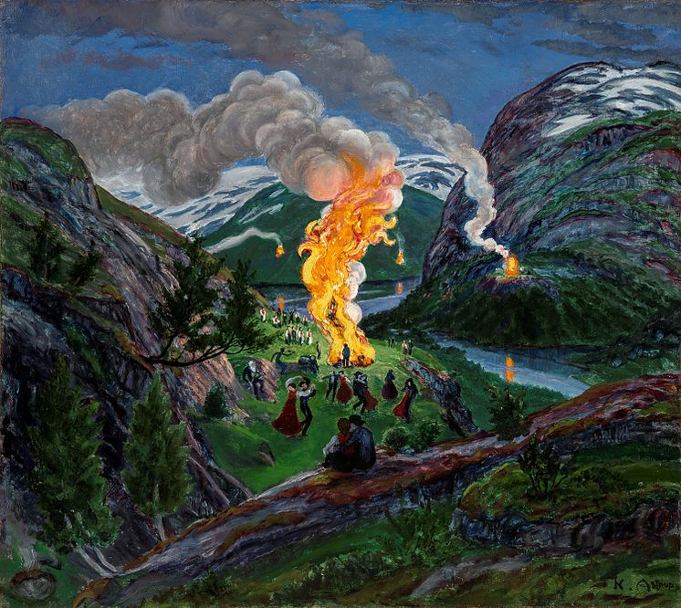 Nikolai Astrup, Midsommarbål, efter 1917. Olja på duk 60 × 66 cm. KODE Kunstmuseer og komponisthjem, Bergen och Sparebankstiftelsen DNB, Oslo. 