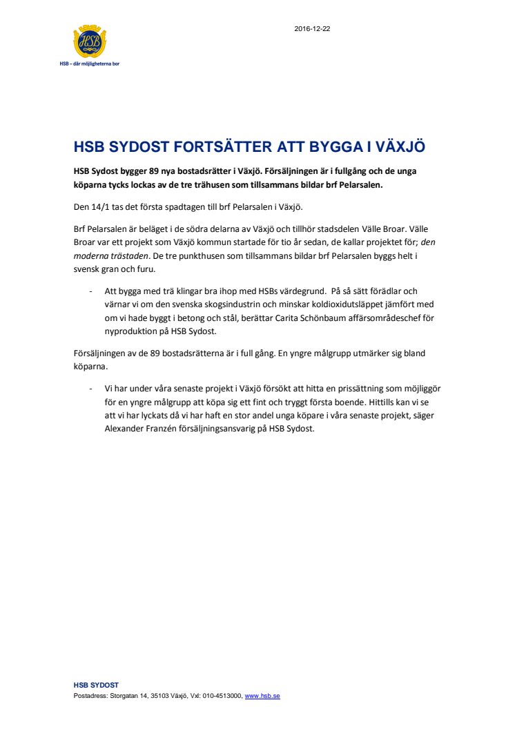 HSB Sydost fortsätter att bygga i Växjö