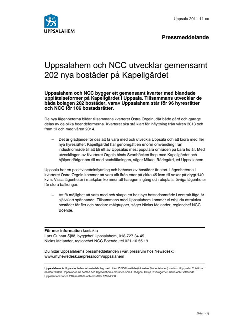 Uppsalahem och NCC utvecklar gemensamt 202 nya bostäder på Kapellgärdet