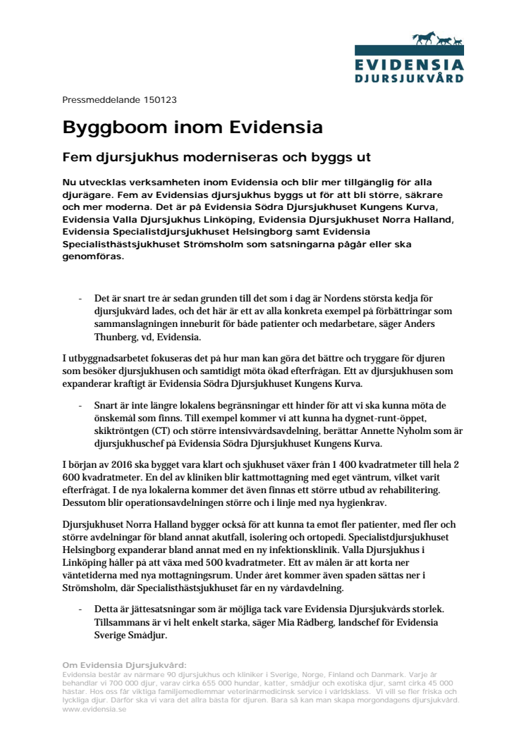 Byggboom inom Evidensia - Fem djursjukhus moderniseras och byggs ut