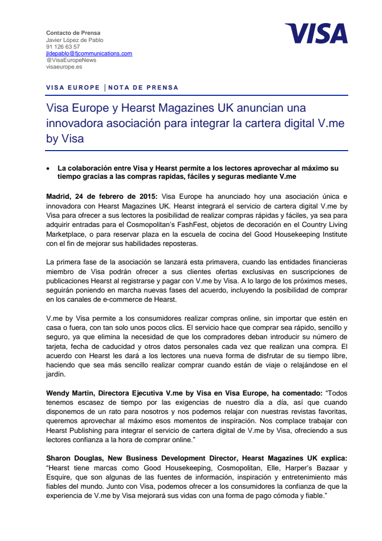 Visa Europe y Hearst Magazines UK anuncian una innovadora asociación para integrar la cartera digital V.me by Visa 