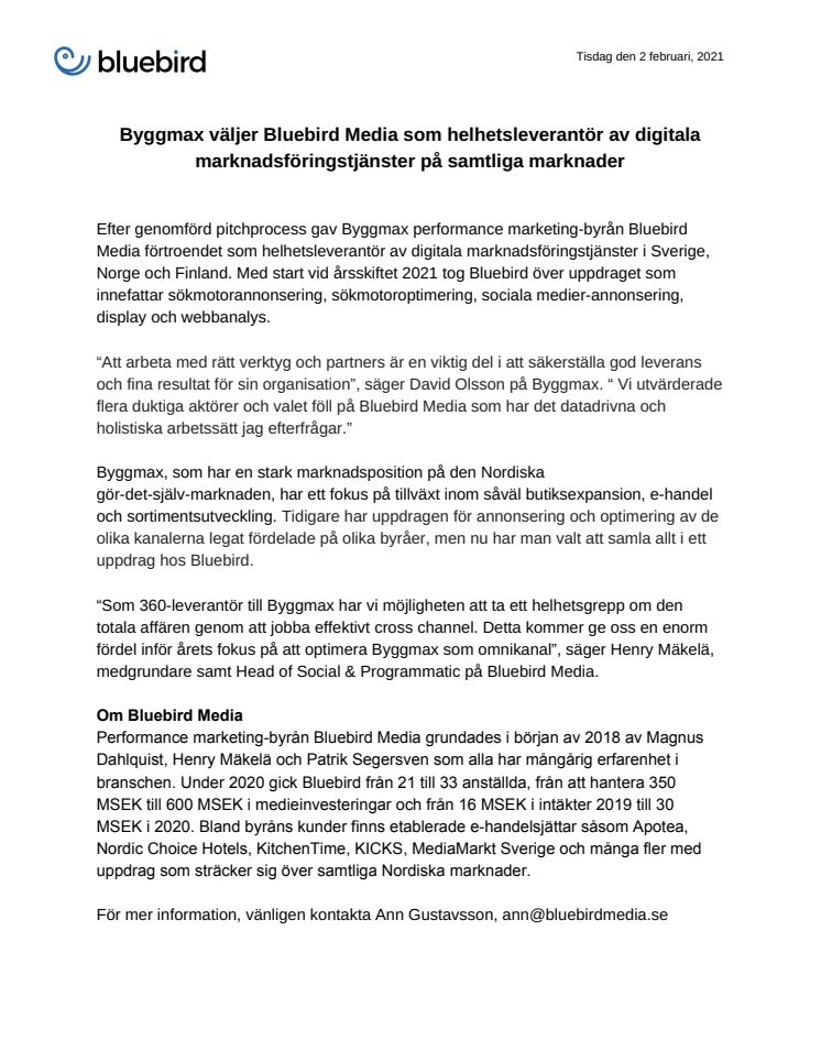 Byggmax väljer Bluebird Media som helhetsleverantör av digitala marknadsföringstjänster på samtliga marknader