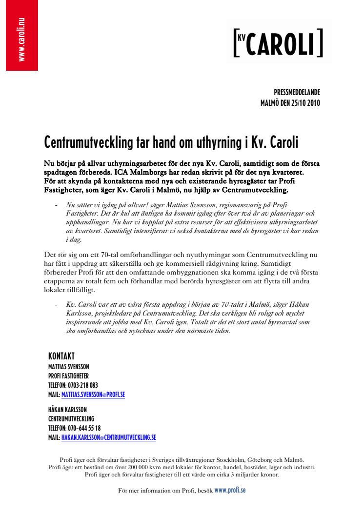 Centrumutveckling tar hand om uthyrning i Kv. Caroli