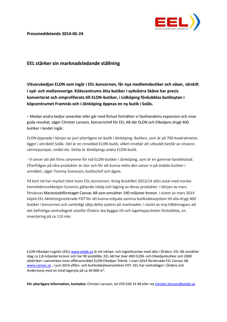 EEL stärker sin marknadsledande ställning