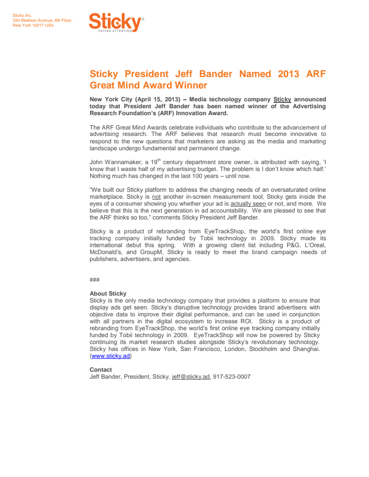 Sticky President Jeff Bander Named 2013 ARF Great Mind Award Winner 