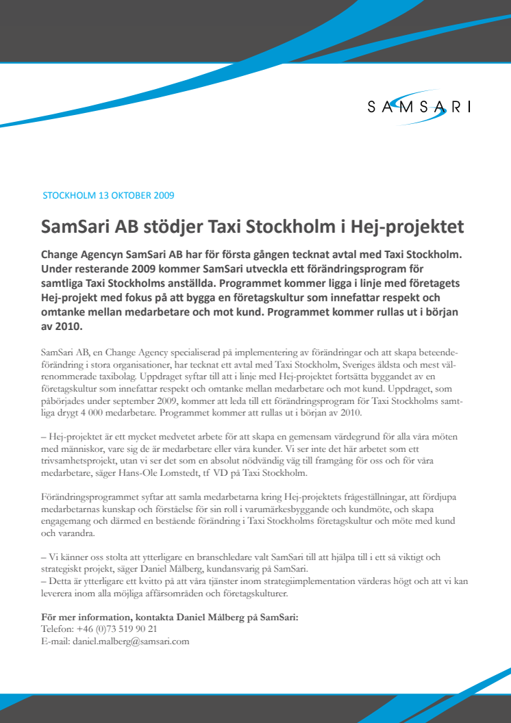 SamSari AB stödjer Taxi Stockholm i Hej-projektet