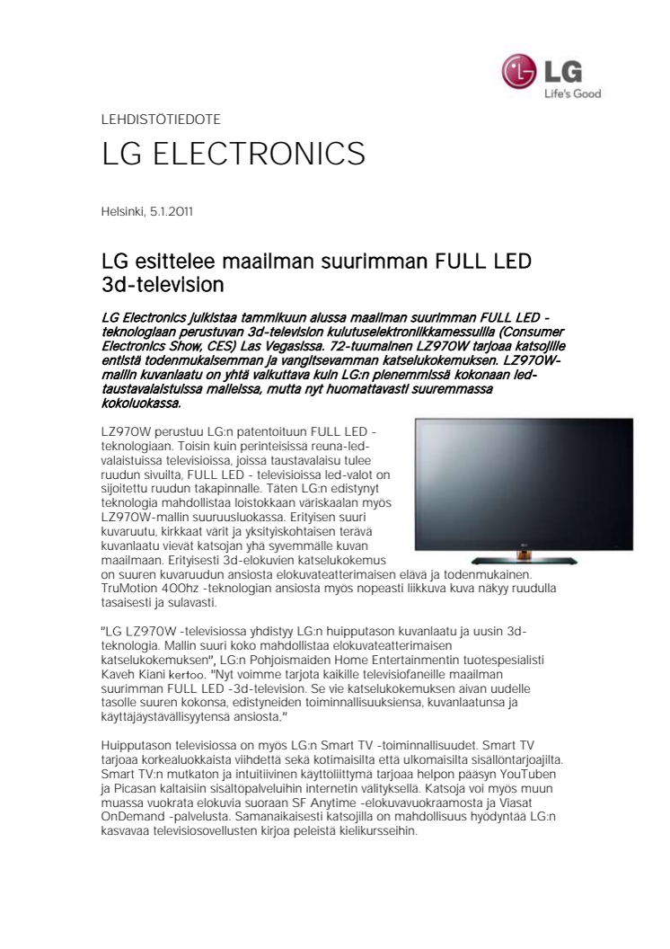 LG esittelee maailman suurimman FULL LED 3d-television 