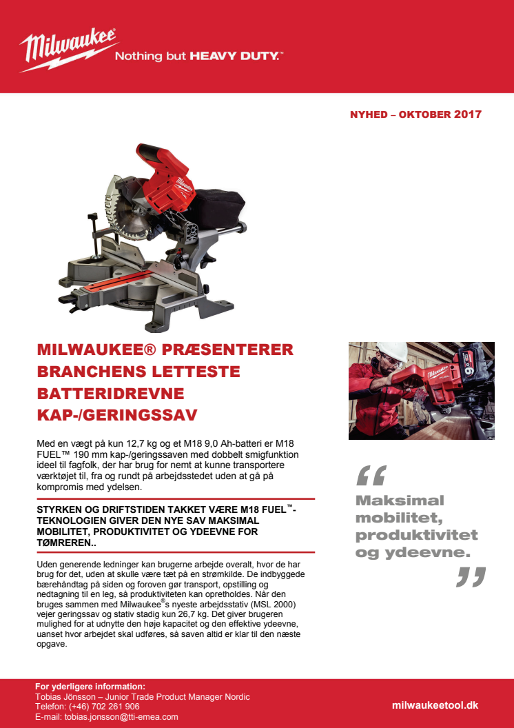 MILWAUKEE® PRÆSENTERER BRANCHENS LETTESTE BATTERIDREVNE KAP-/GERINGSSAV