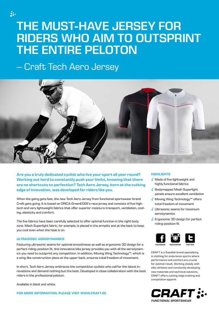 The must-have jersey for riders who aim to out sprint the entire peloton – Craft Tech Aero Jersey