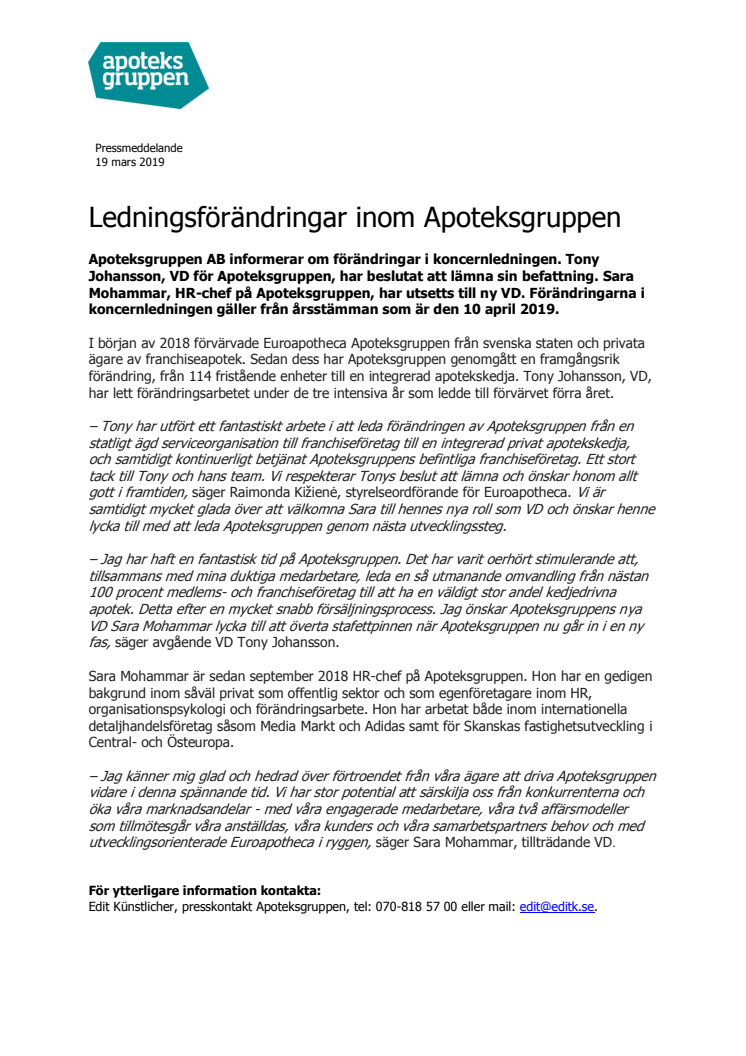 Ledningsförändringar inom Apoteksgruppen